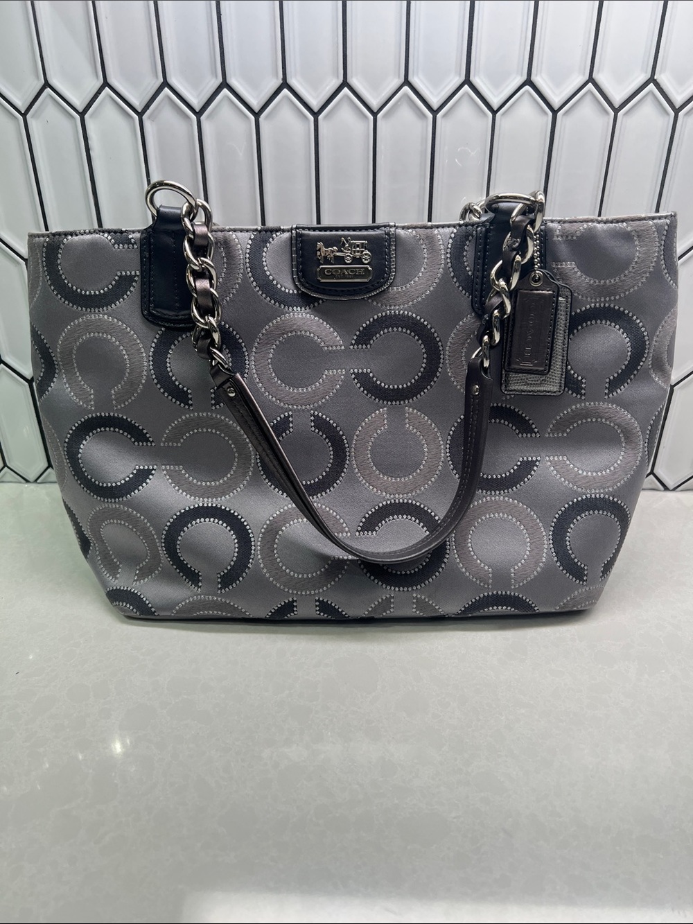 Coach Gray Circle-Print Tote with Chain Handles
